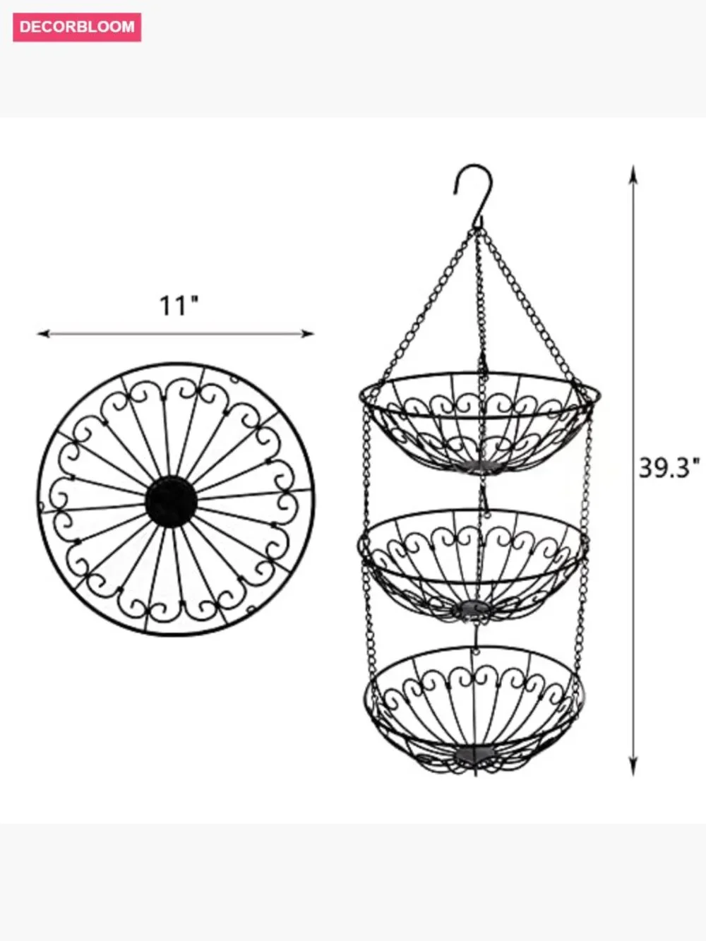 3-Tier Hanging Fruit Basket, Heavy Duty Wire Kitchen Storage Organizer